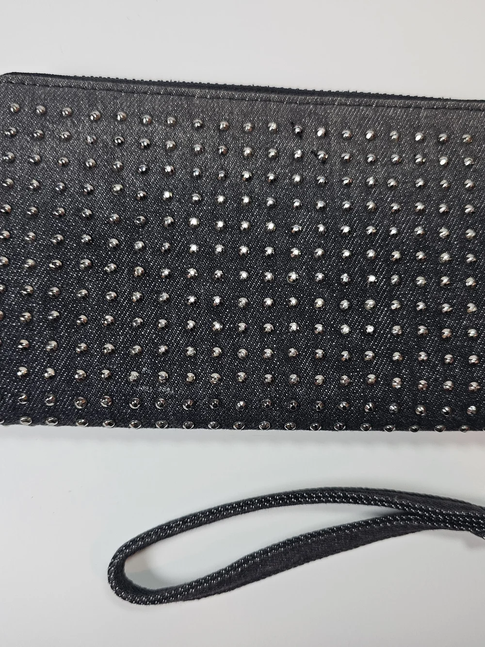 Black Denim Metal Studded Zip-Around Wristlet Wallet